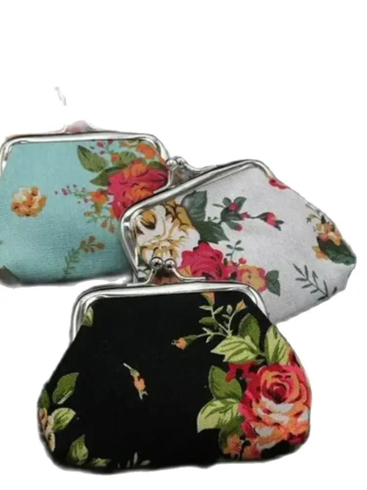 

100pcs/lot vintage style women canvas fabric coin purse big rose printed coin wallet hasp coin purse 9*7cm