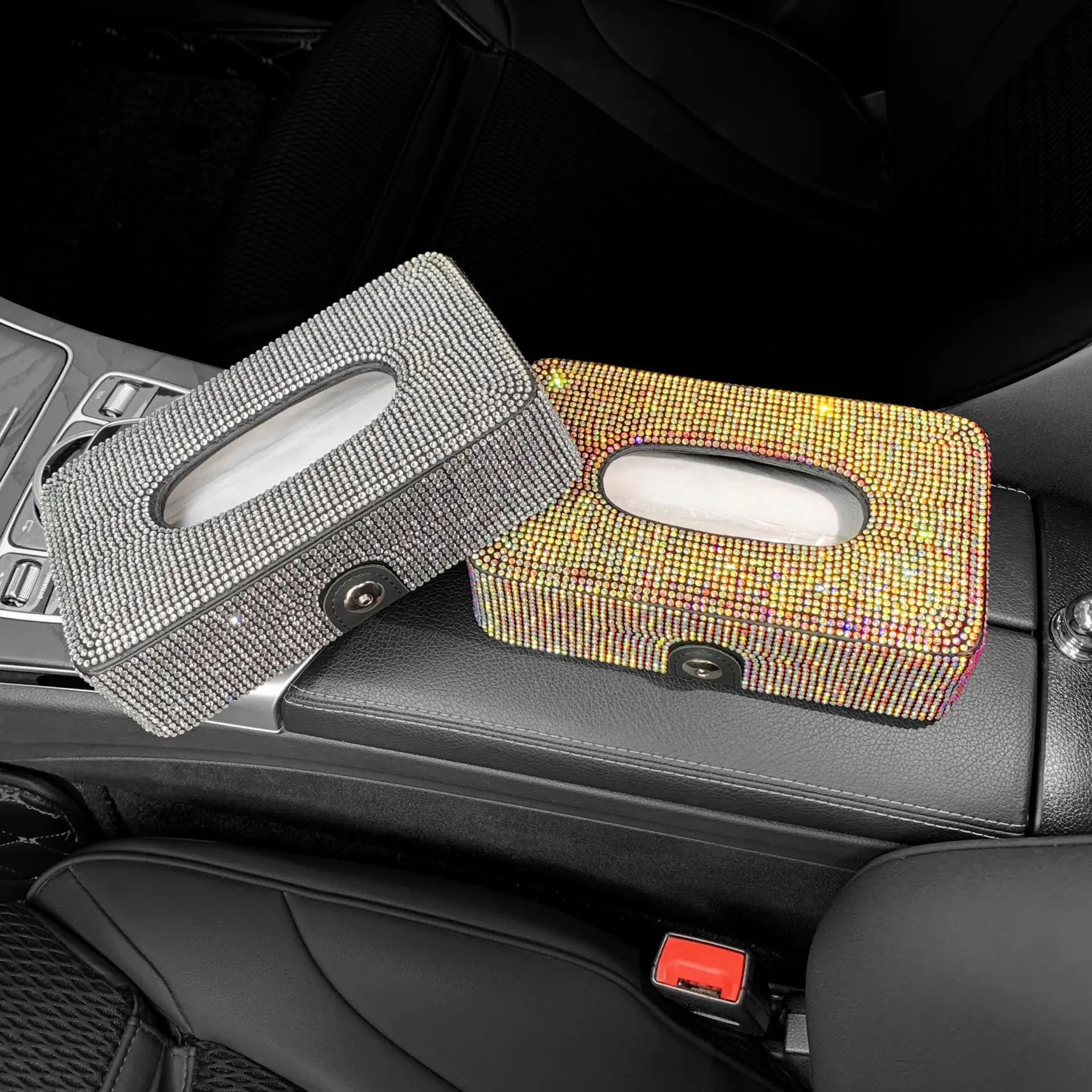 Caja de pañuelos de lujo con diamantes de imitación para coche, soporte tipo bloque para consola central, reposabrazos, asiento trasero, accesorios