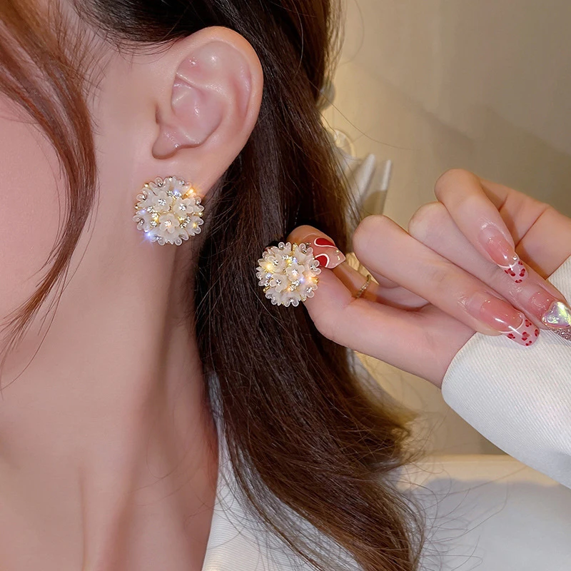 White Alloy Embroidered Ball Earrings New Fashionable And Versatile Super Fairy -1 Pair