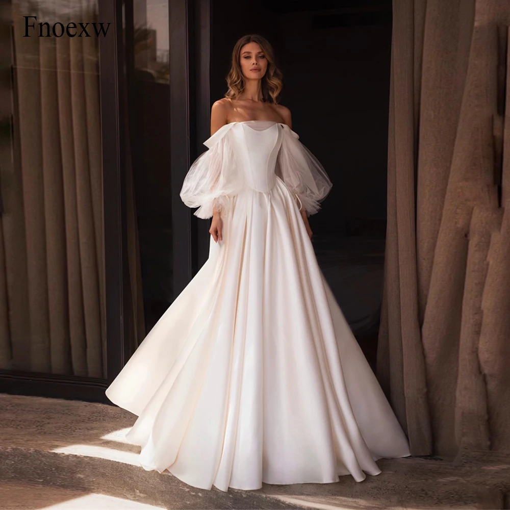 

Fnoexw Sexy Strapless Beach Wedding Dresses Robe De Mariée Tulle Puff Sleeves Bridal Dresses Zipper Back Long Vestidos De Novia