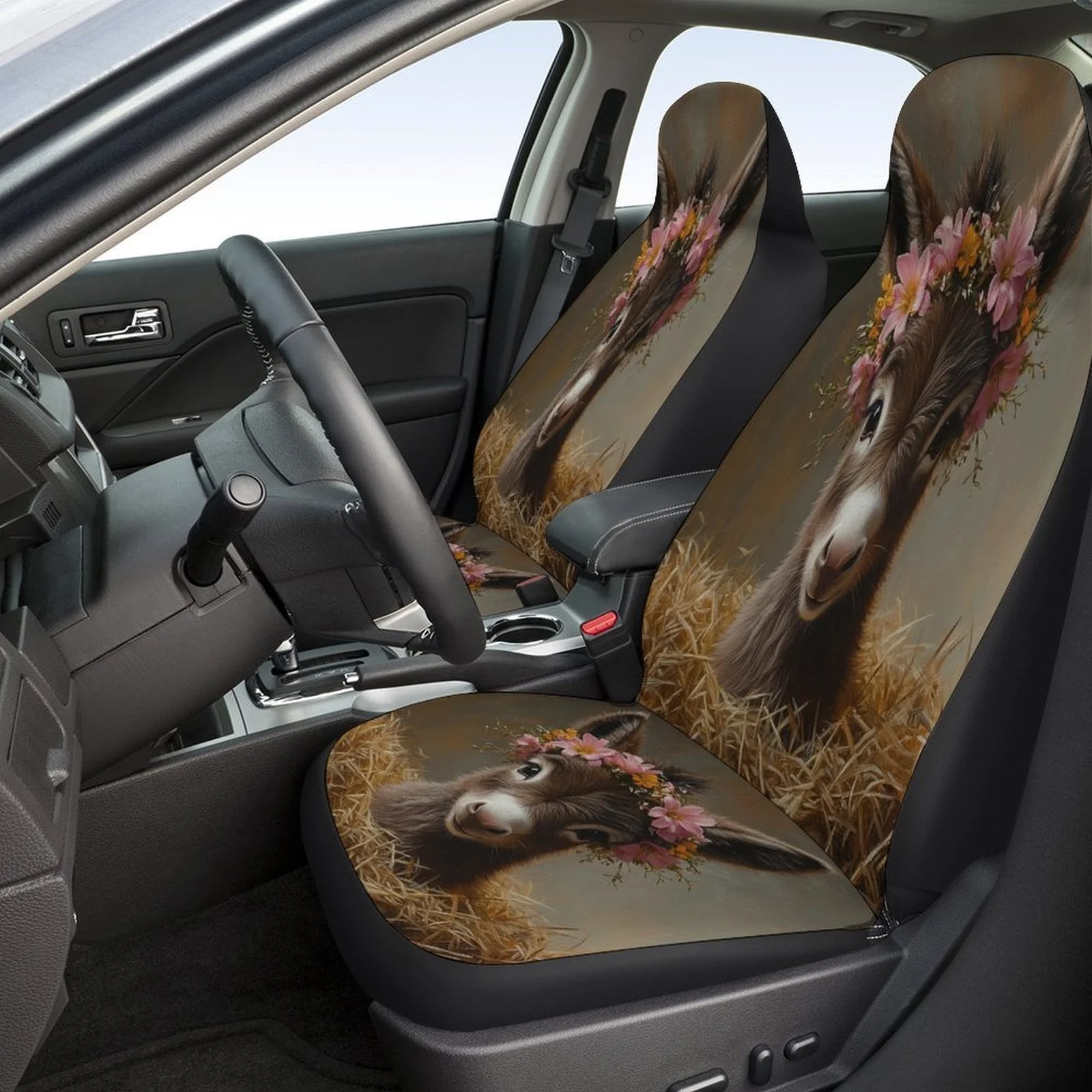 Fit Car Seat Covers Full Set For 2 Front & Rear Seats - Cute Donkey & Floral Animal Design, Heavy-Duty Protector Cover, Machine