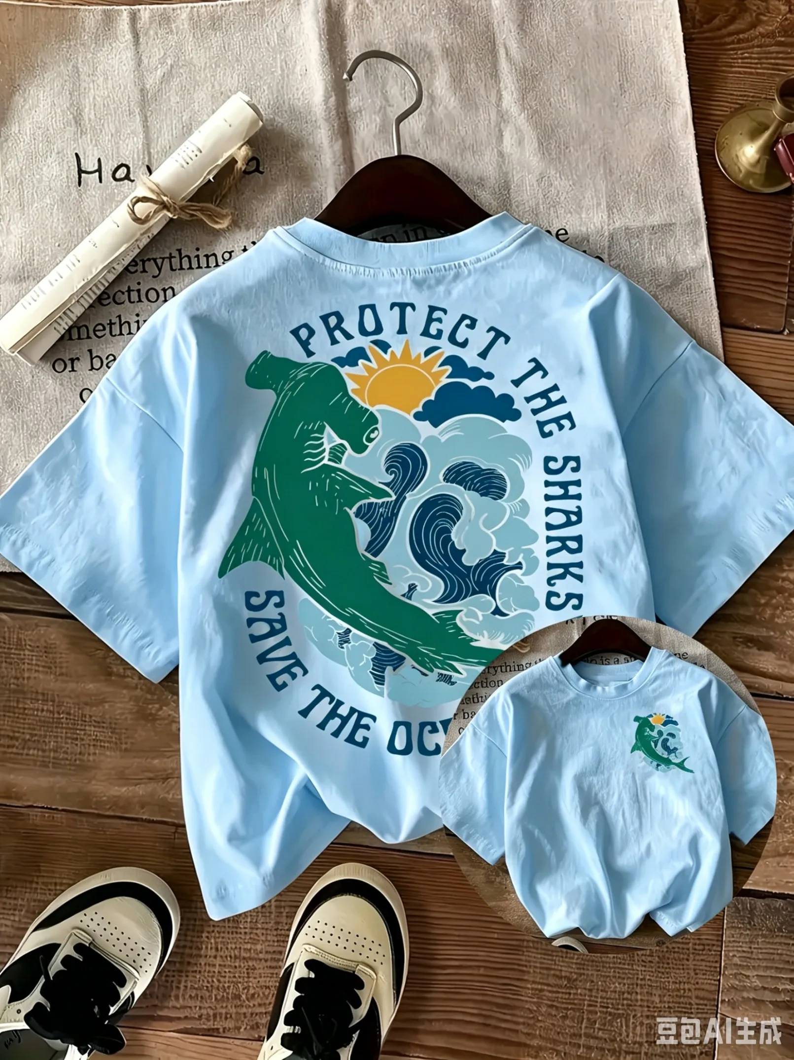 New Arrival Cotton Hammerhead Shark Graphic Short Sleeve Daily Casual Unisex Kids Adults Loose Beach Top