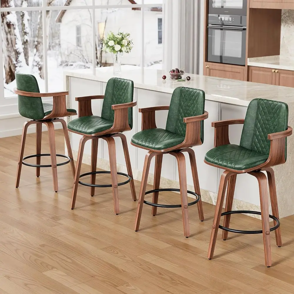 

Комплект из 4-х вращающихся барных стульев с подлокотниками, высотой 26 дюймов, из зеленой искусственной кожи, с спинкой, для кухонных островов