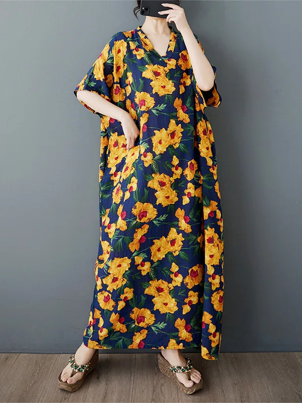 Letnia, luźna sukienka dla mamy, z dekoltem w serek, długa spódnica dla kobiet w średnim wieku, codzienna sukienka na wakacje.