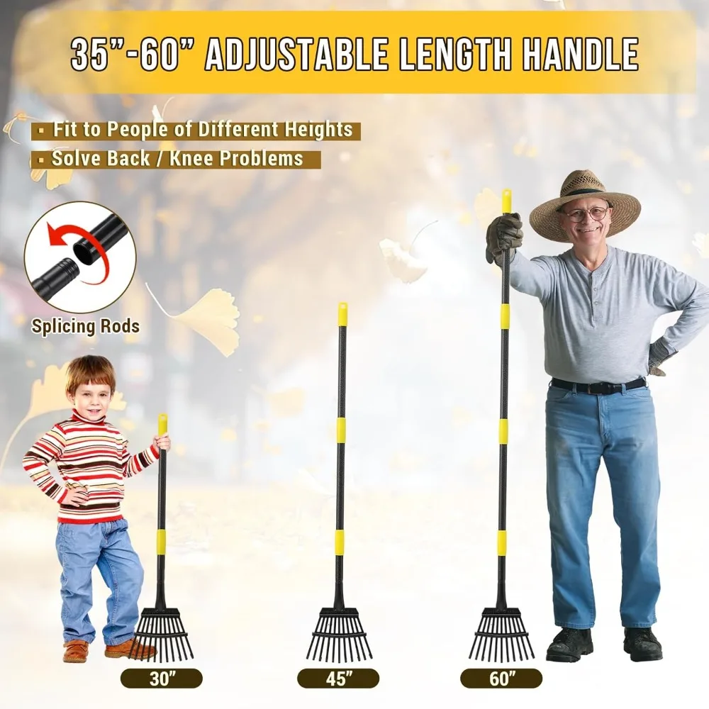 Adjustable Leaf Rake 30"-60" Long Handle, 11 Tines 8.5" Wide, Heavy Duty Metal for Lawn, Garden, Yard, Camping, Shrub, Grass, Weed, Debris view 3