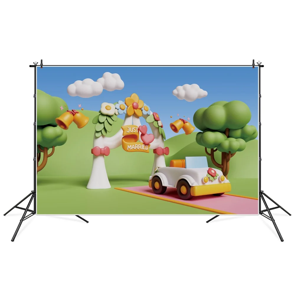 Cartoon Wedding Party Backdrops Photography Party Decoration Flowers Arch Car Trees Pathway Sign Children Photozone Backgrounds