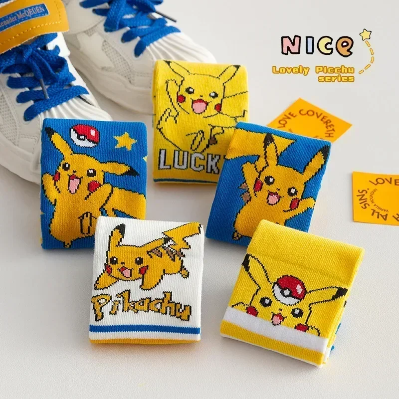 Calcetines de Pokémon para niños y niñas, calcetín de tubo medio de algodón puro con figura de Anime de dibujos animados, Pikachu, regalos de