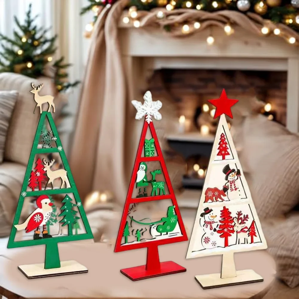 

3 Piece Wooden Christmas Table Decorations Set Featuring Santa Snowman Reindeer For Festive Holiday Atmosphere
