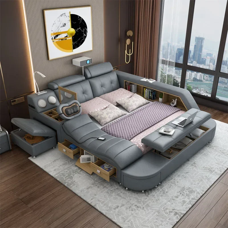 

Кровать из натуральной кожи Многофункциональные кровати Массажная кровать Ultimate Camas с мягкой подсветкой и Bluetooth, динамиком, массажером, проектором