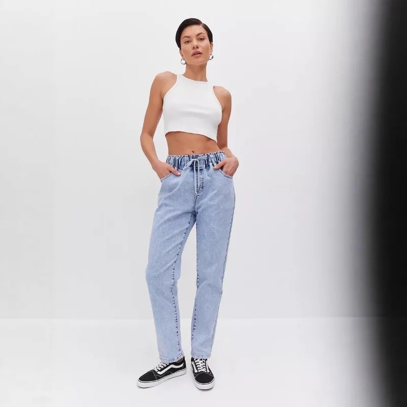 Damskie spodnie jeansowe z wysokim stanem, jesienno-zimowe, nowe, luźne, z elastyczną talią, damskie luźne spodnie codzienne, jednolite, długie spodnie damskie.