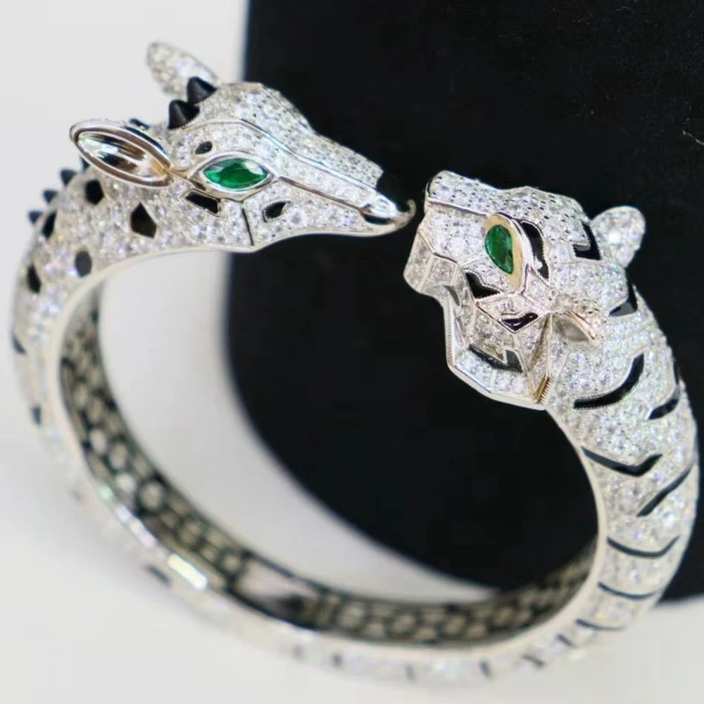 

Solid 925 Silver With Black Spot Full Carbon Diamond Leopard Giraffe Cuff Bangles Bracelets Panther Jewelry for Women