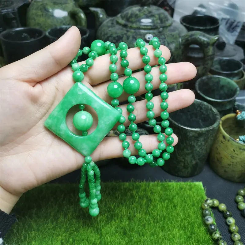 

Natural Jade Beads Necklace Ladies Gan Qing Square Fashion Pendant Sweater Chain Jewelry