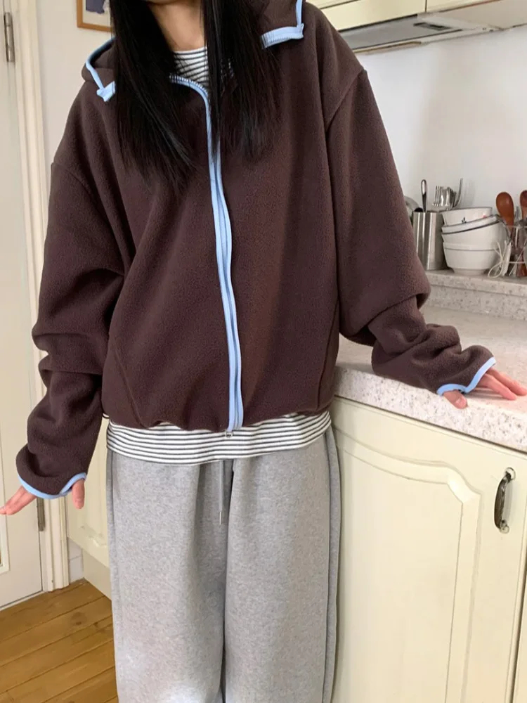 Fashionable Double-Sided Fleece Jacket Women's Loose Lazy Style Coat Winter New Arrival Chic Hooded Outerwear Korean Style