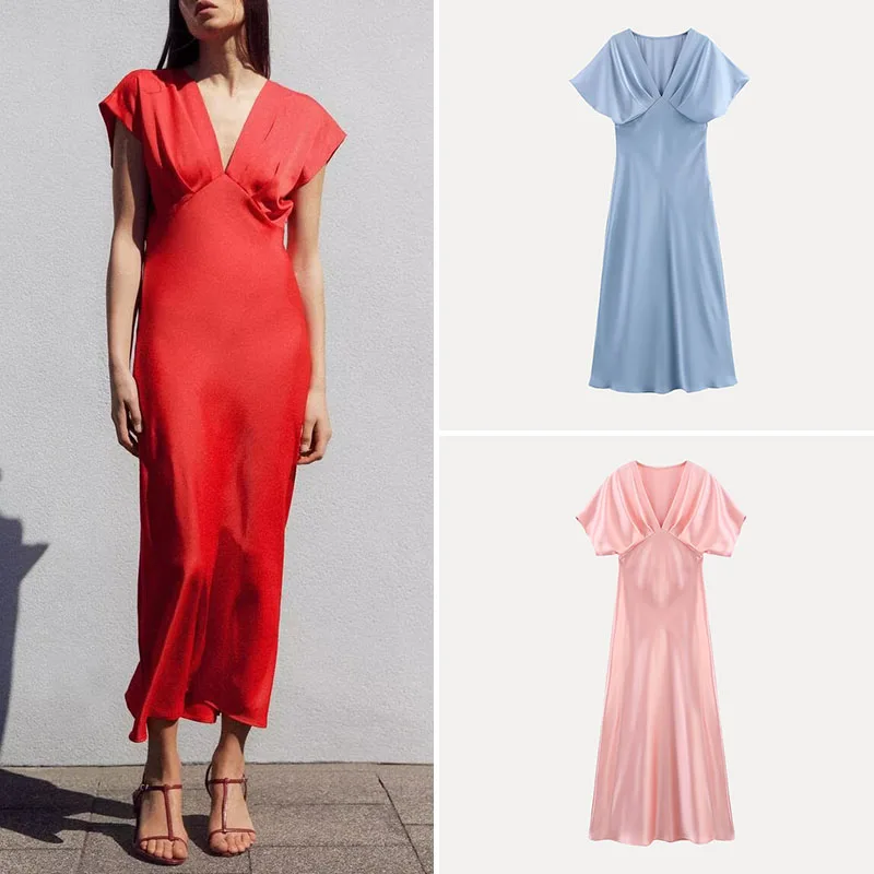 Z 2025 Spring Street Sle ort Sve الحرير الساتان يشعر ميدي Dr V Ne قطعة واحدة ألياف البوليستر 00% المرأة Dr