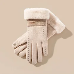 Cashmere Women Elegant Full Finger Winter Warm Touch Screen Fleeced Gloves Soft Supple Riding Thickened Windproof