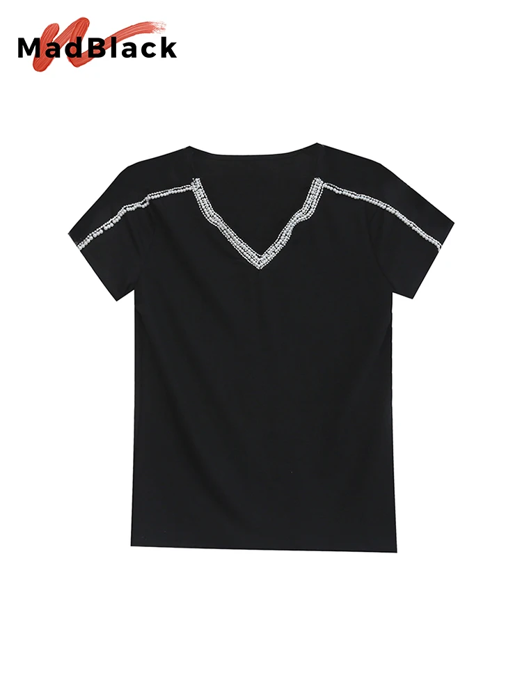 MadBlack Summer European Clothes V Necks T-Shirt Women Sexy Luxury Beaded Slim Mesh Tops Short Sleeve Bottoming Tees T33023X