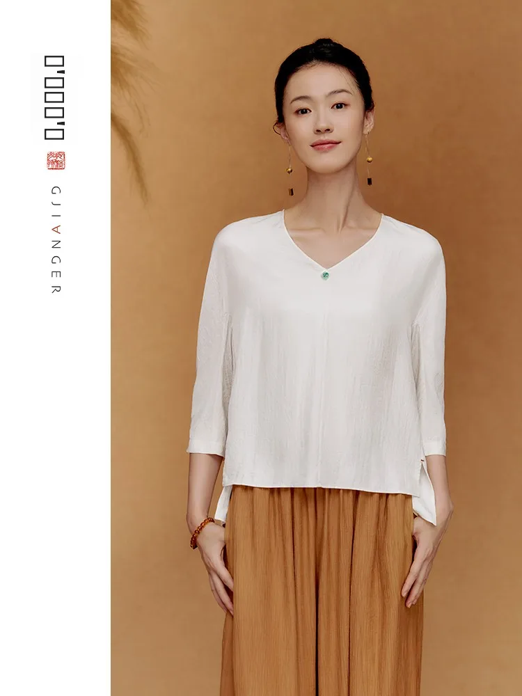 

Original New Chinese Sle Women's irt Pure White V-ne Summer New Arrival Loose Fit Seven-quarter Sve Regular Fabric