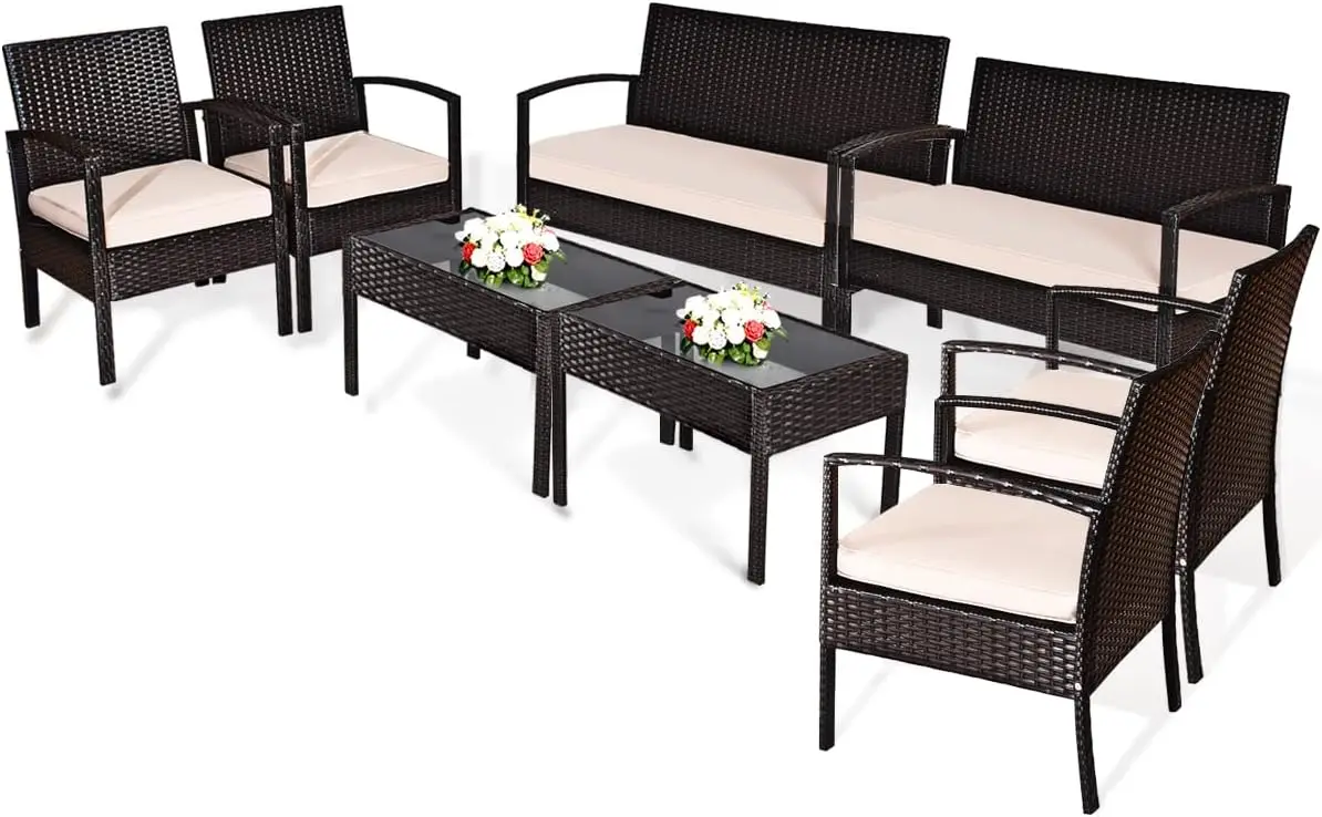 

4/8 Pieces Patio Furniture Set, Wicker Conversation Set with Water-Resistant Cushion & Tempered Glass Table,Outdoor Rattan Chair