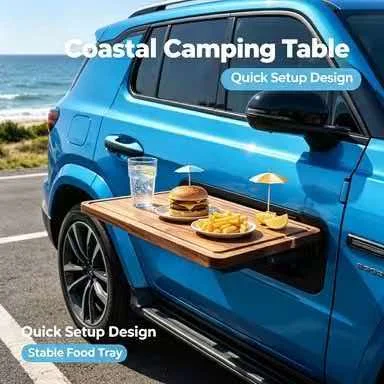 SUV Truck Car Door Mounted Wooden Folding Table Sturdy Outdoor Camping Picnic Work Bench Portable Vehicle Side Desk Shelf