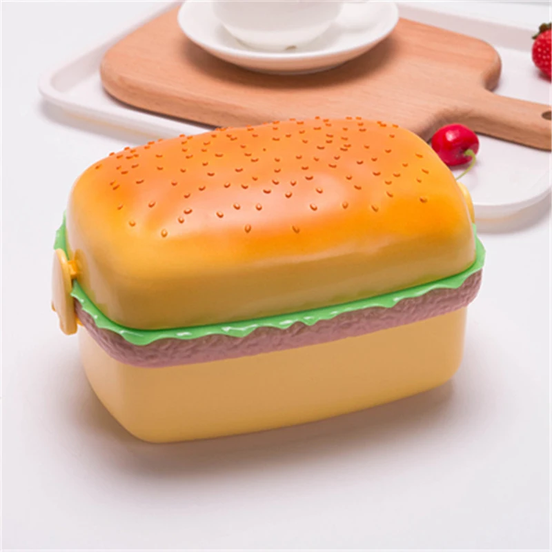 

Creative New Children's Hamburger Lunch Box Cute Double Layered Hamburger Bento Box School Food Container Fork Cutlery Set