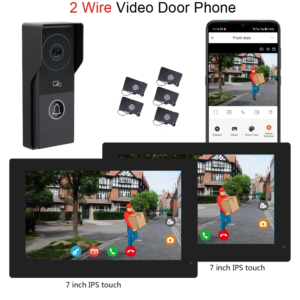 1Set 2Pin Cable Wire Video Door Phone System 7/10" IPS Touch Screen 2MP Camera 2.4G WiFi Smart Life APP Push Message IC Card