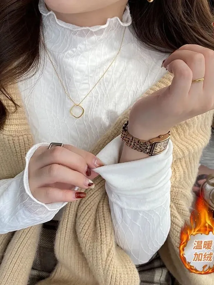 

French Style Fleece Lined Lace Blouse Women's Half High Collar Base Shirt Slimming Top Inner Wear Casual Loose Fit Long Sleeve