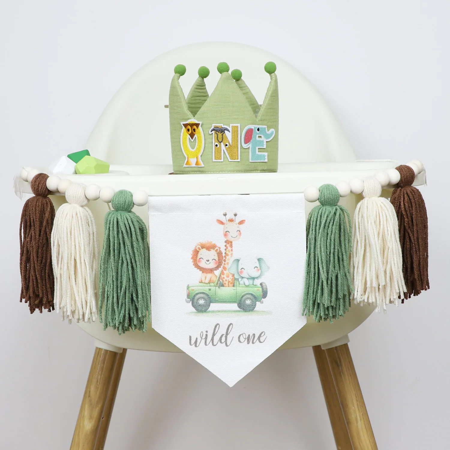 INS 1 قطعة أطفال سفاري الحيوان عيد ميلاد كرسي مرتفع جارلاند بوهو حبة خشبية شرابة الغابات 1st حفلة الأسد الأخضر راية