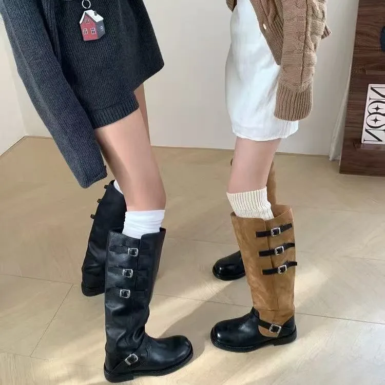 

Женские высокие сапоги из натуральной кожи, женские кожаные сапоги с пряжкой на ремне, модные сапоги до колена на резиновой подошве на открытом воздухе