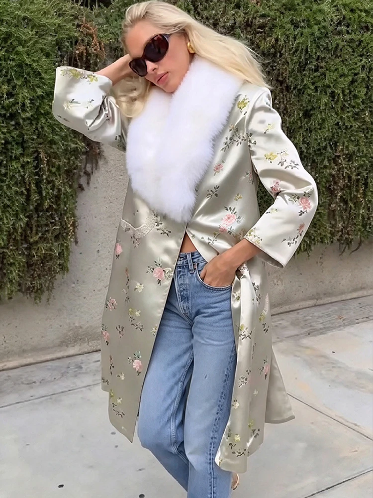 Vintage Satin Floral Print Long Coat Large White Faux Fur Collar Open Front Overcoat Women Chic Fall Winter Street Party Outfit