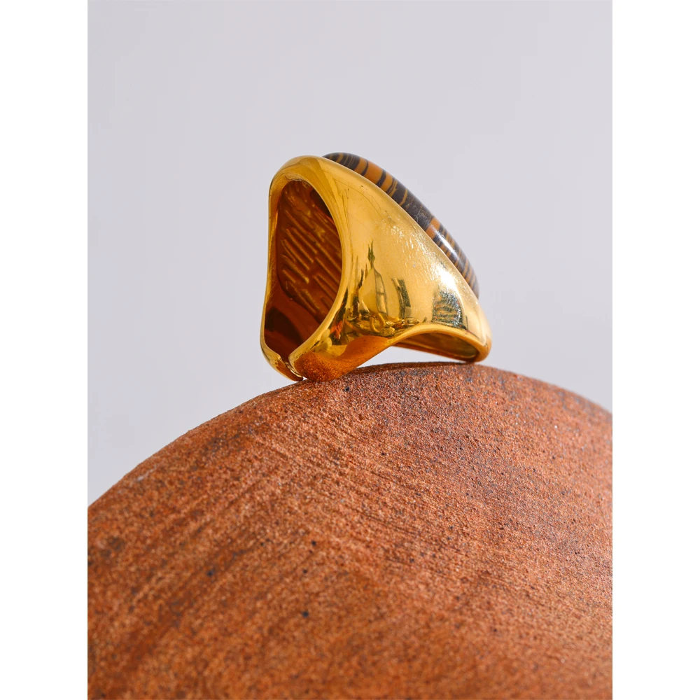 Yhpup Fashion Stainless Steel Natural Tiger Stone Golden Ring 18K Gold PVD Plated Statement Charm Finger Jewelry Accessories