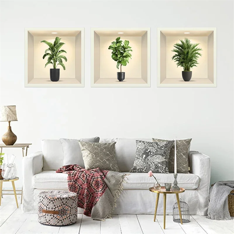 1pc 3D Green Potted Plants Wall Stickers Decorative Vinyl Decals for Bathroom Living Room Home Decoration Waterproof Wallpaper
