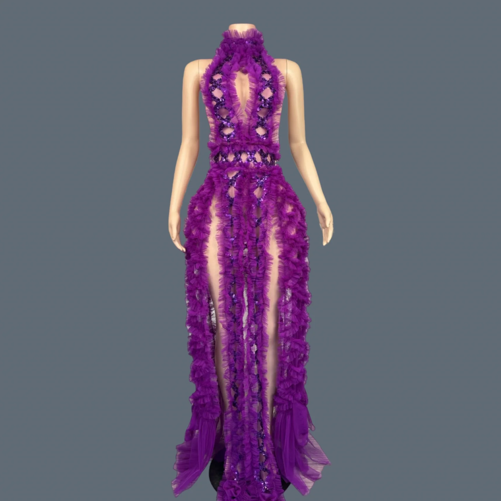 

Sexy Women Nightclub gig Outfit Stage Dance Wear Gauze High Side Slits Long Dress See Through Mesh Party Photo Shoot Wear Xiuqiu