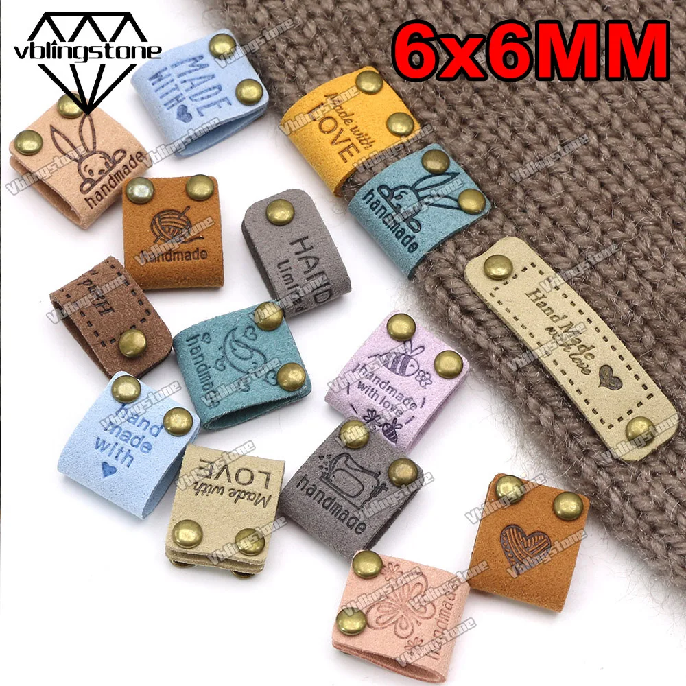 Mix 10Colors Leather Labels Embossed Handmade Tags for Clothes Flag Label with 100Sets 6x6MM Metal Spikes Sewing Accessories