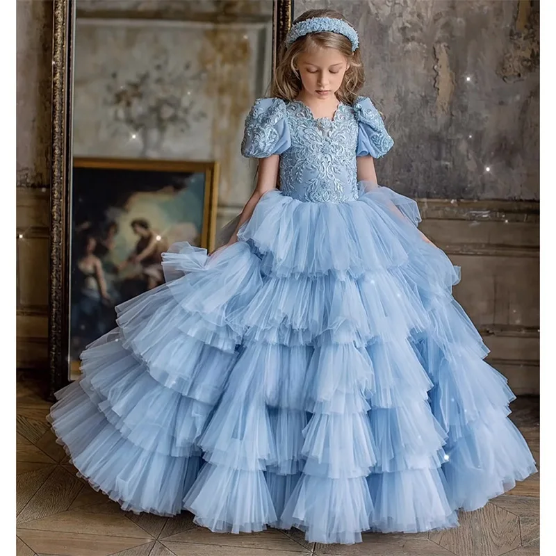 Kids Luxury Birthday Party Tiered Dress for Flower Girls embroidery Tulle long Evening Gowns Children Pageant Layered Dresses