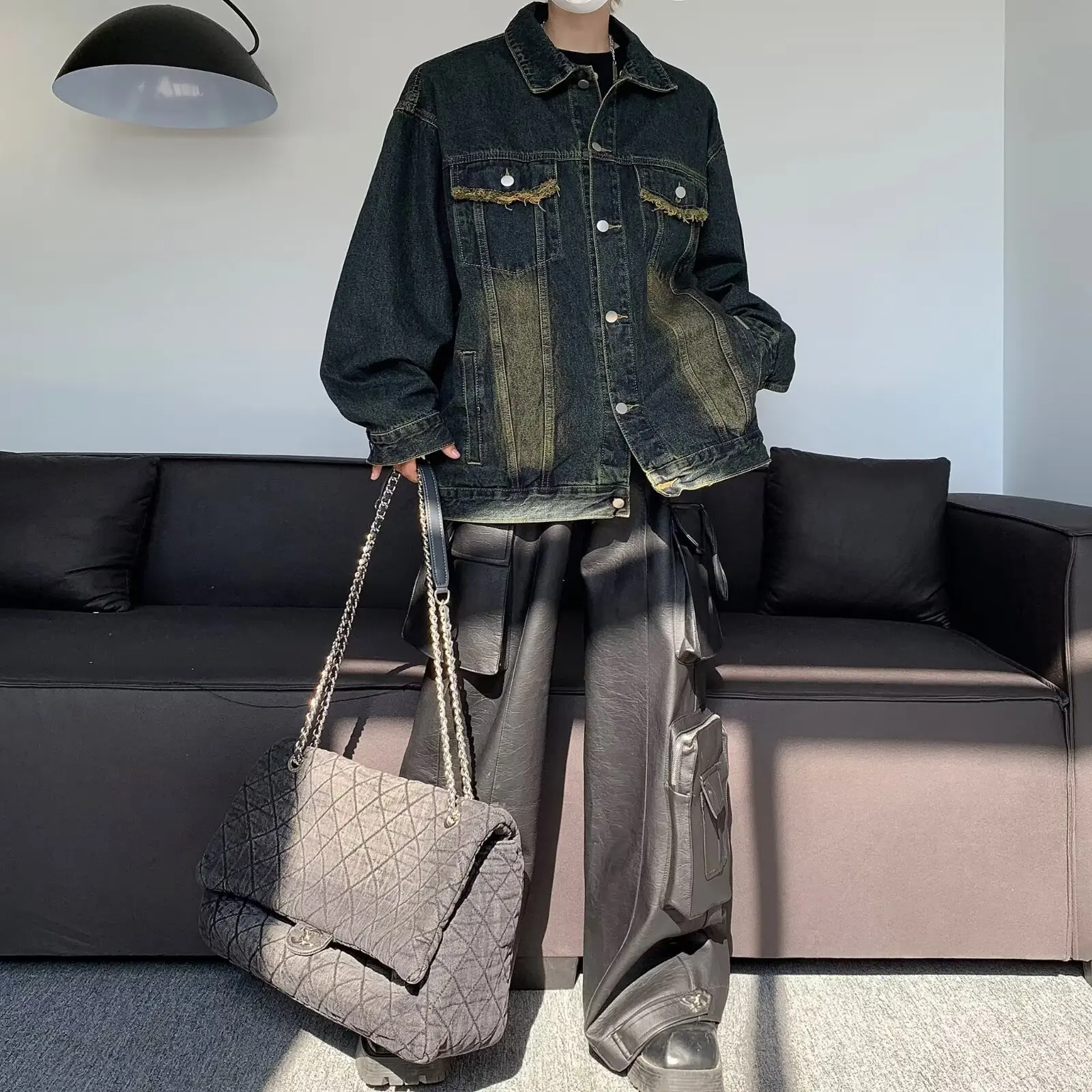 

Осенний мужской джинсовый джинсовый джинт большого размера 250, винтажный крутой уличный пилотный тюнер, свободная посадка, молодежная верхняя одежда