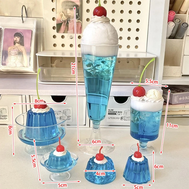 Kawaii Creative Tea Set Ornaments Simulation Cherry Soda Jelly Drink Dessert Dripping Glue Model Finished Photo Props Girls Gift