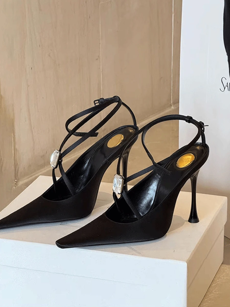 

2025 New! Black Pointed Toe Crystal Stiletto Heel Strappy Women's Sandals