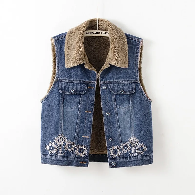 

Retro Blue Fce Lined Thiened Denim Vest Casual Svel Outerwear For Women Winter Commute The lambskin Thick Jackets Female