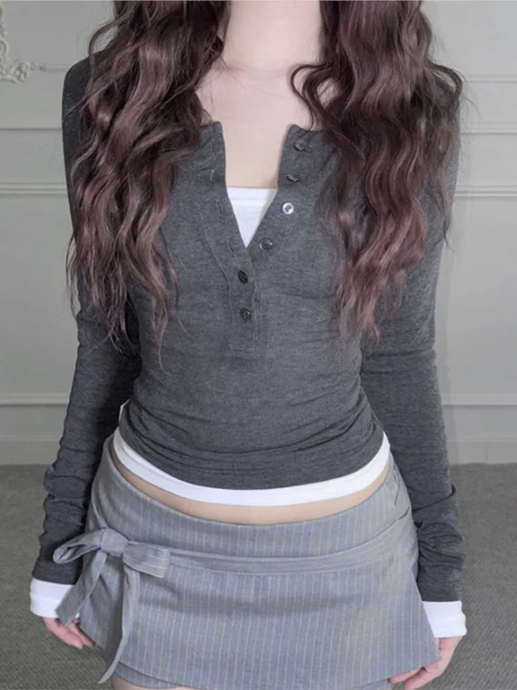 

Slim T Shirt Tees Blusas Long Sleeve Tops Two Fake Pieces Simple Style All-match Solid Color Fashion Bottoming Shirt Commuting