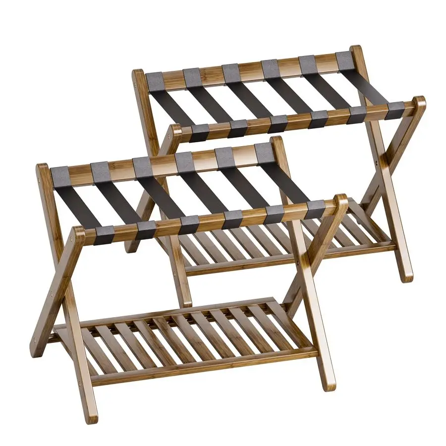 

Luggage Rack, Set of 2, Foldable Bamboo Suitcase Stand with Storage Shelf for Guest Room, Bedroom, Hotel, HeavyDuty Walnut