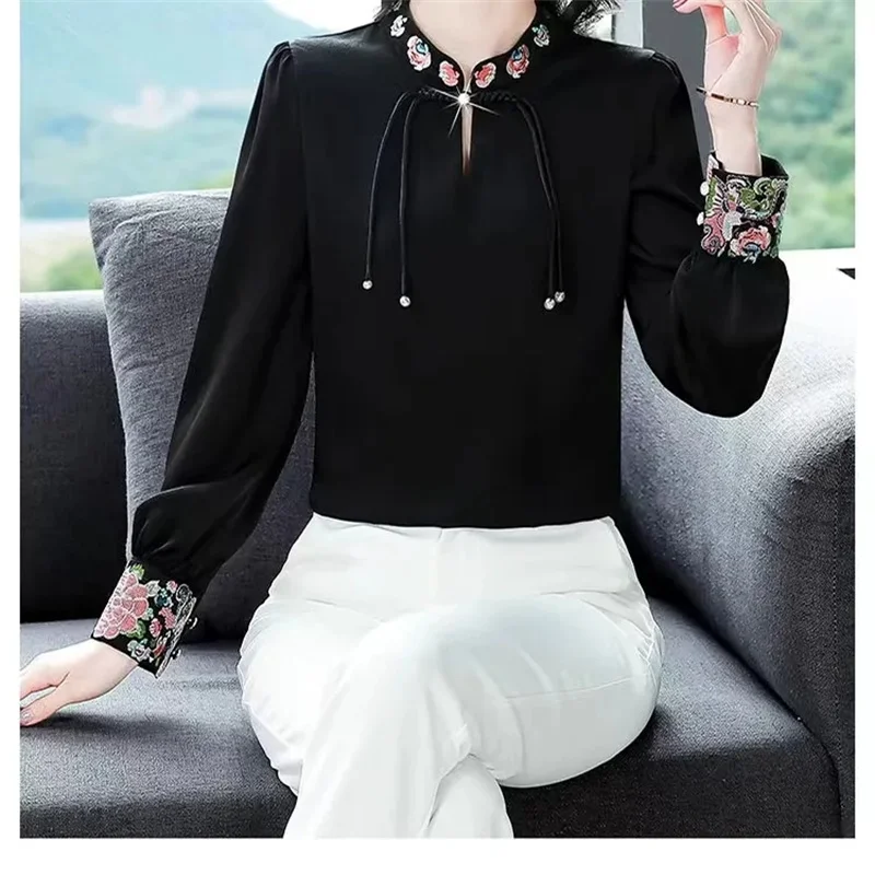 High end Chinese Style Button up Shirt for Spring Autumn 2024 Age Reducing Small Shirt Chinese Style Imitation Mulberry Silk top