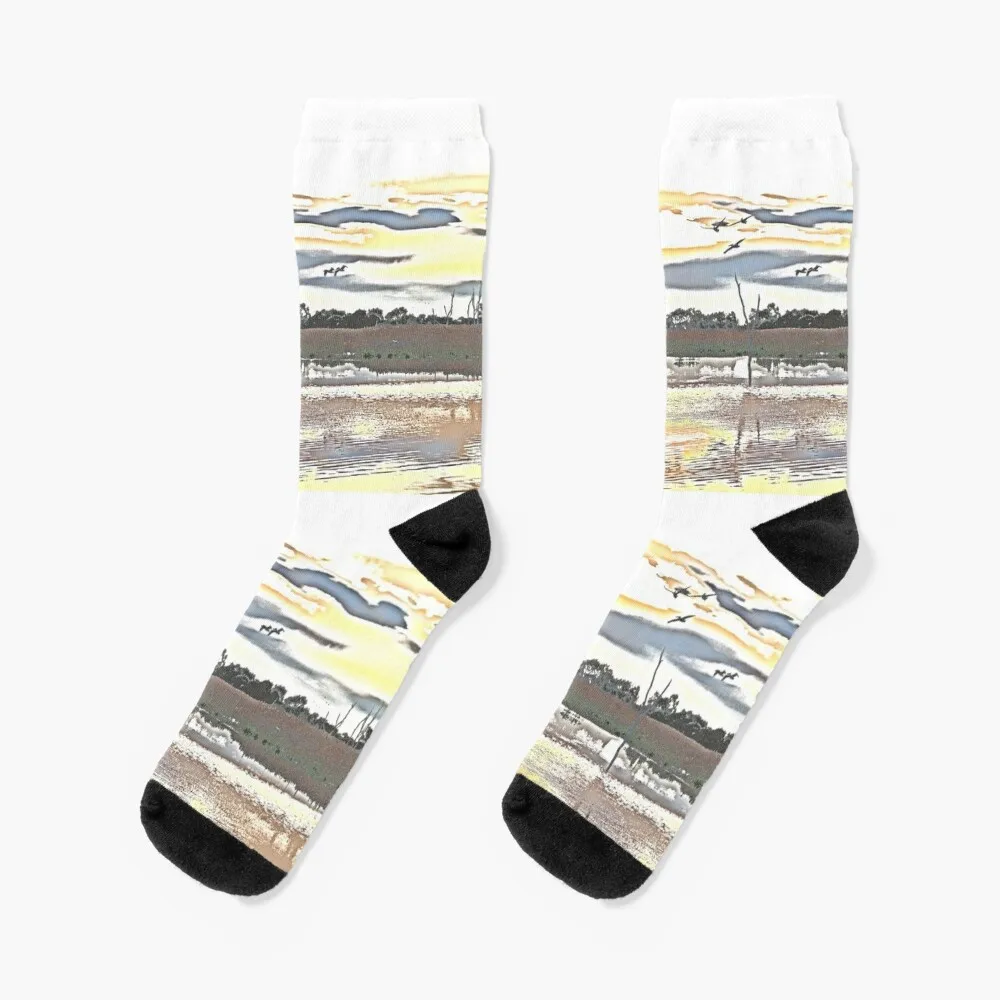 

Pelicans at sunset - mixed media 1 Socks luxury football New year's Mens Socks Women's