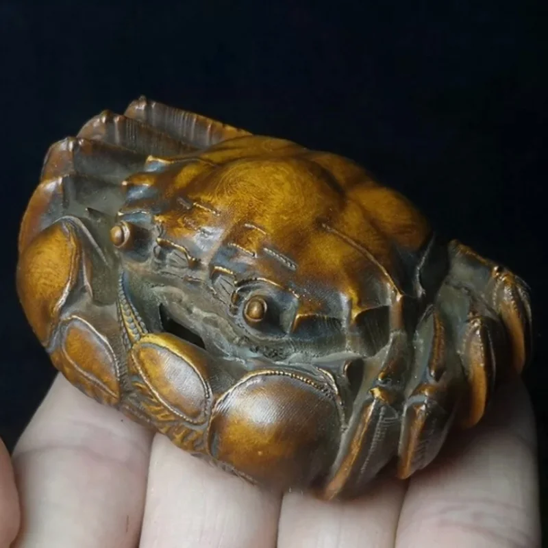 L 2.9 inch Chinese Boxwood Hand Carved crab statue netsuke Decoration Collection