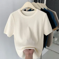 Summer Short Sleeve Knit Tops Women Tshirt Casual Round Neck Thin Knitted T-shirts Basic Tee Shirt Femme Ladies Clothing Top