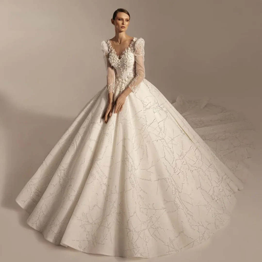 

Customized Elegant Ball Gown Wedding Dresses Sweetheart Long Sleeve Vestido De Novia Lace Embroidery Exquisite Bridal Gown