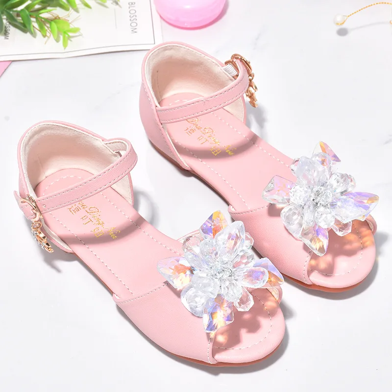 Girls Crystal Princess Wedding Shoes White Pink Children's Sandals Fashion Bowknot Kids Performance Dance Party Soft Soled Shoes