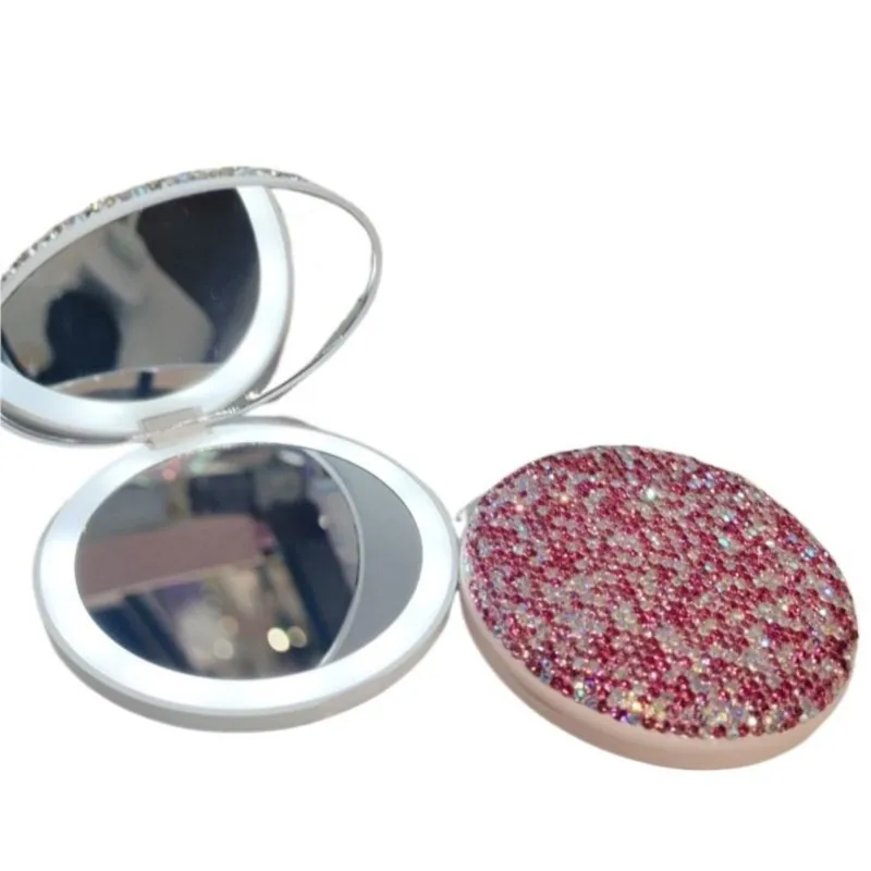 

LED Rechargeable Compact Mirror Handmade Glass Rhinestone Mirror Bling-Bling Girls Portable Makeup Accessary Shiny Birthday Gift