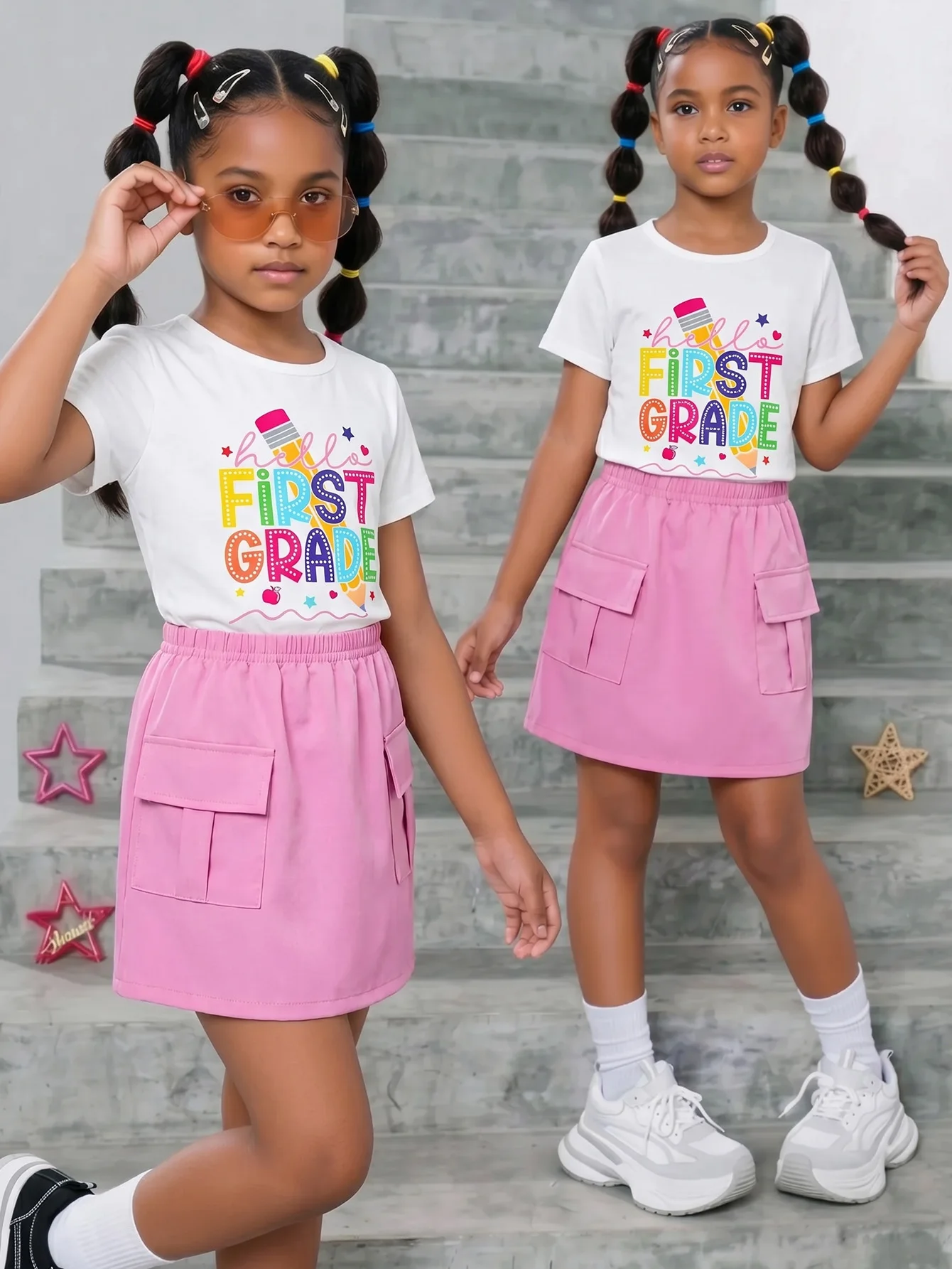 

Girls' Fresh Start Summer Print Round Neck T-Shirt + Solid Color Five-Panel Casual Daily Two-Piece Set