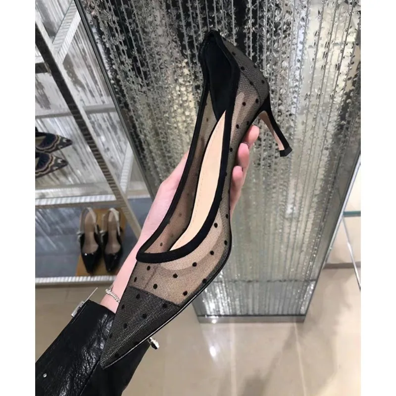 

2025 new pointed high heels for women, slim heels, sexy black lace mesh, breathable shallow mouth single shoes for women