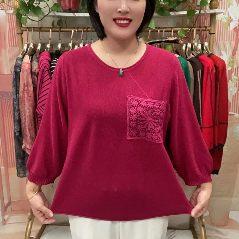 

Весна и осень 2025: новый женский вязаный топ с рукавом три четверти